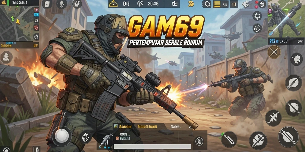 Screenshot utama AGAM69 menampilkan pemain beraksi dalam pertempuran Battle Royale.