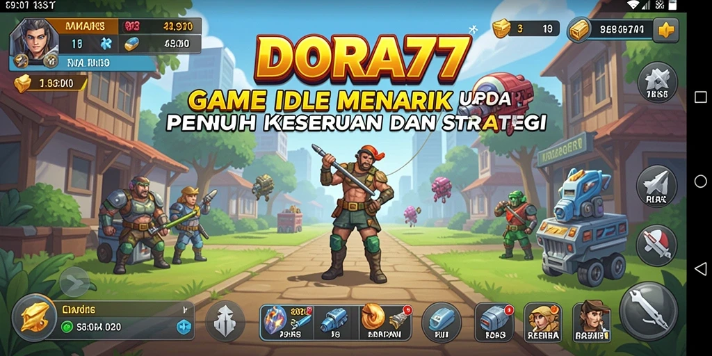 Tampilan gameplay DORA77 dengan karakter yang sedang berkembang dalam game Idle.