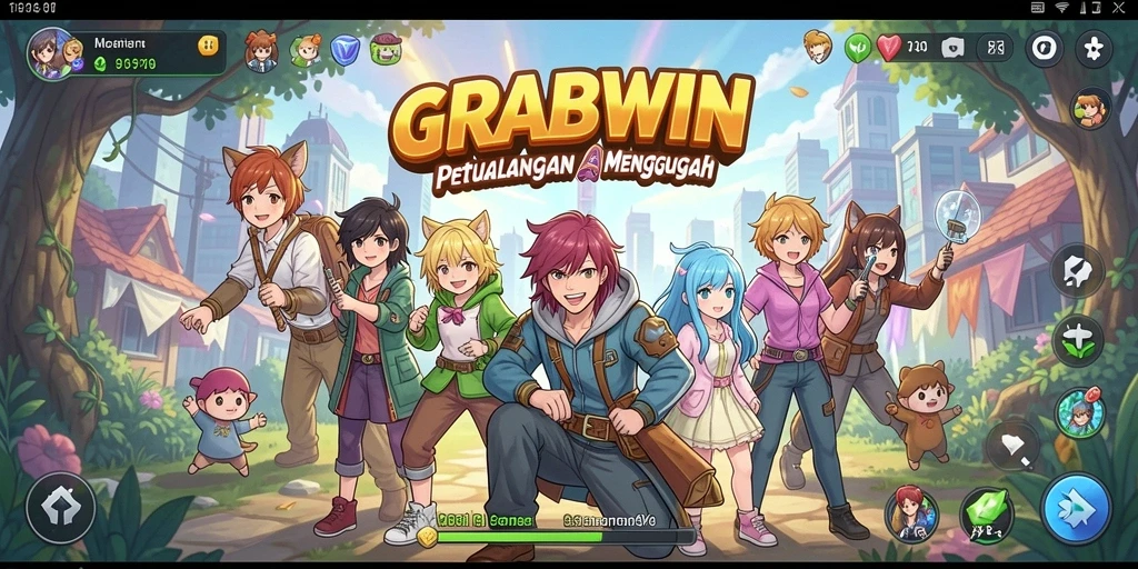 Tampilan gameplay GRABWIN dengan karakter anime yang ikonik.