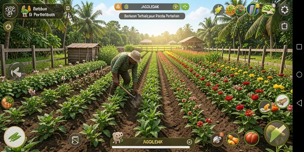 Tampilan screenshot gameplay JAGOLEDAK menampilkan aktivitas berkebun yang seru.