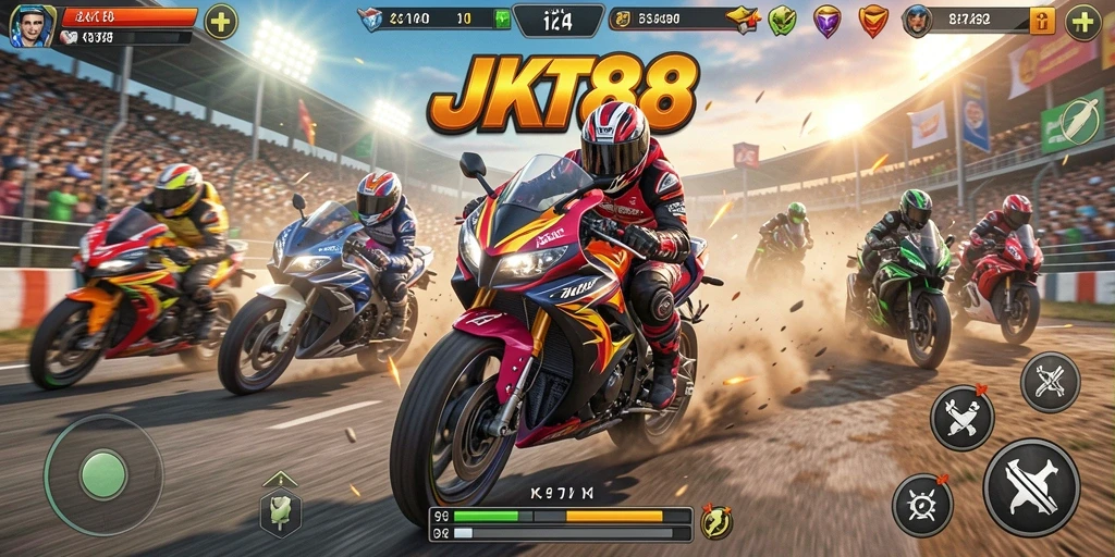 Gameplay JKT88 yang mendebarkan dengan aksi balapan motor.