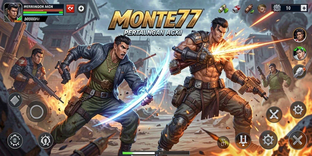 Screenshot gameplay MONTE77 menampilkan aksi pertempuran yang intens.