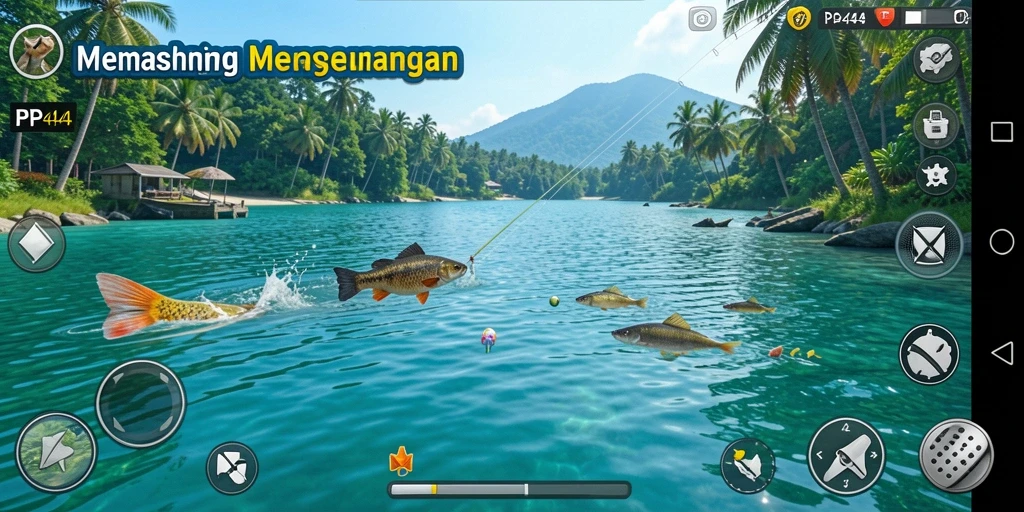 Screenshot gameplay PP444 menampilkan aksi memancing yang mendebarkan.