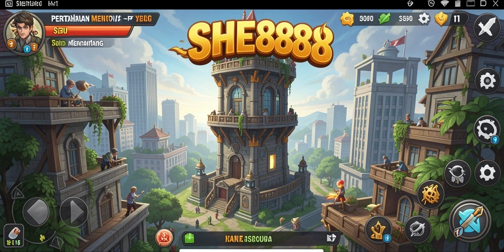 Screenshot gameplay SHE888 menampilkan pertahanan menara yang menantang.